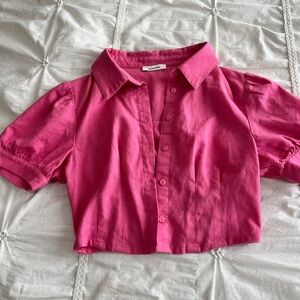Pink Puff Sleeve Button Down Crop Top